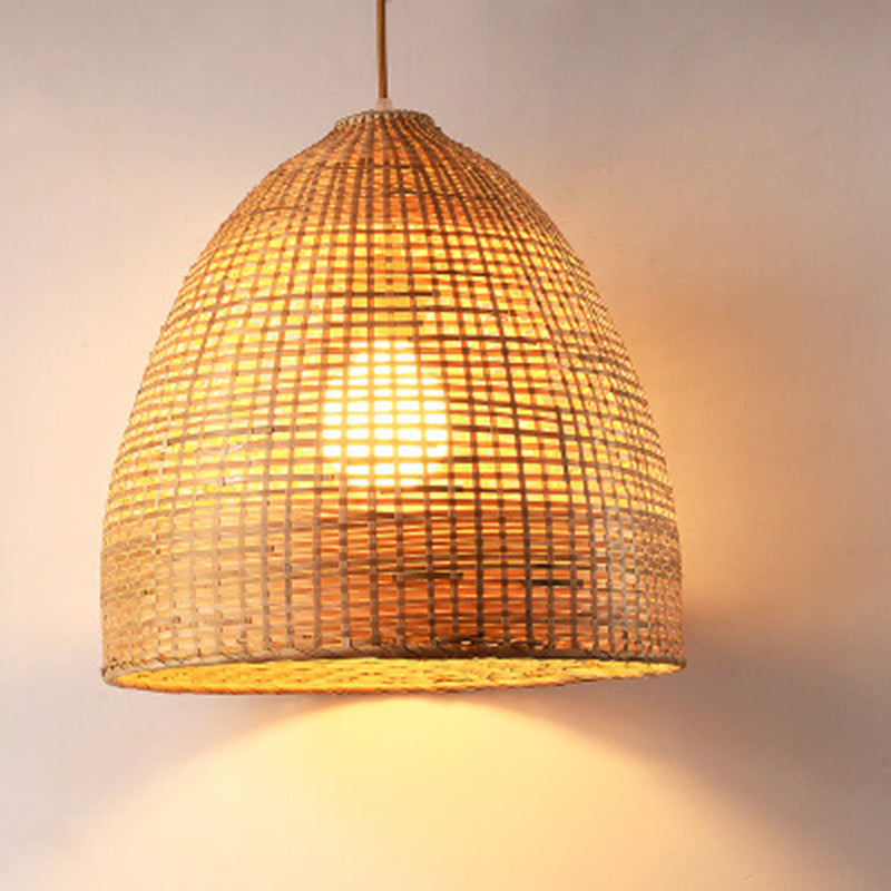 Beige Hand-Worked Pendant Chinese Style 1 Bulb Bamboo Hanging Light for Dining Table