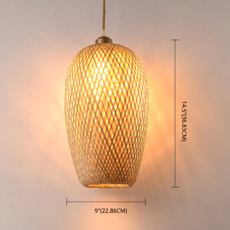 Beige Hand-Worked Pendant Chinese Style 1 Bulb Bamboo Hanging Light for Dining Table