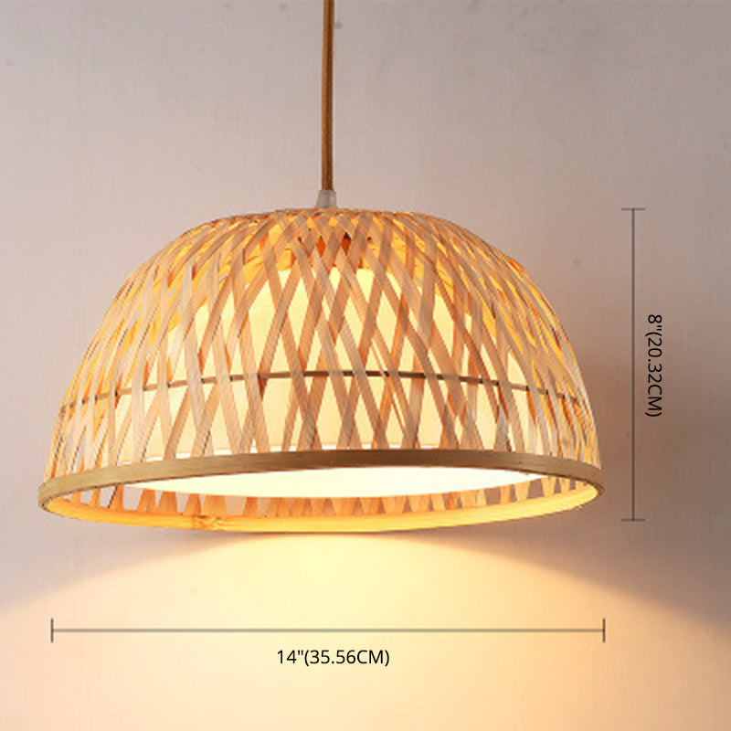 Beige Hand-Worked Pendant Chinese Style 1 Bulb Bamboo Hanging Light for Dining Table