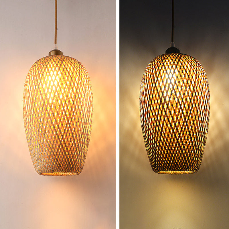 Beige Hand-Worked Pendant Chinese Style 1 Bulb Bamboo Hanging Light for Dining Table