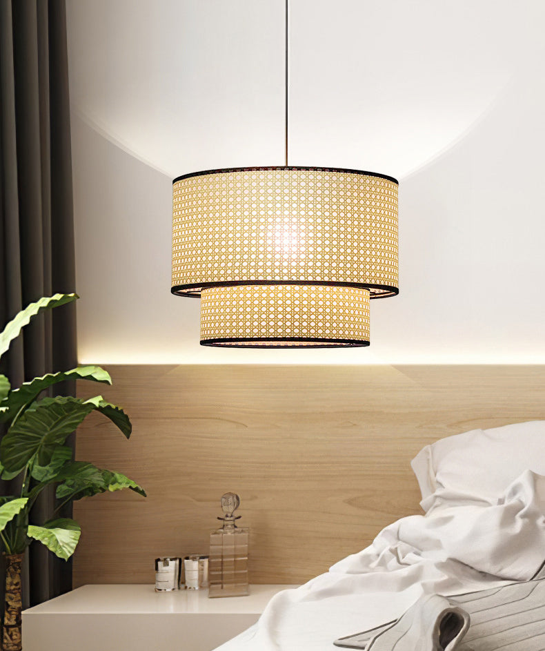 Tambour rotin pendentif pendentif suspendu lampe asiatique style 1 lumière suspendue plafond plafond en beige pour le salon