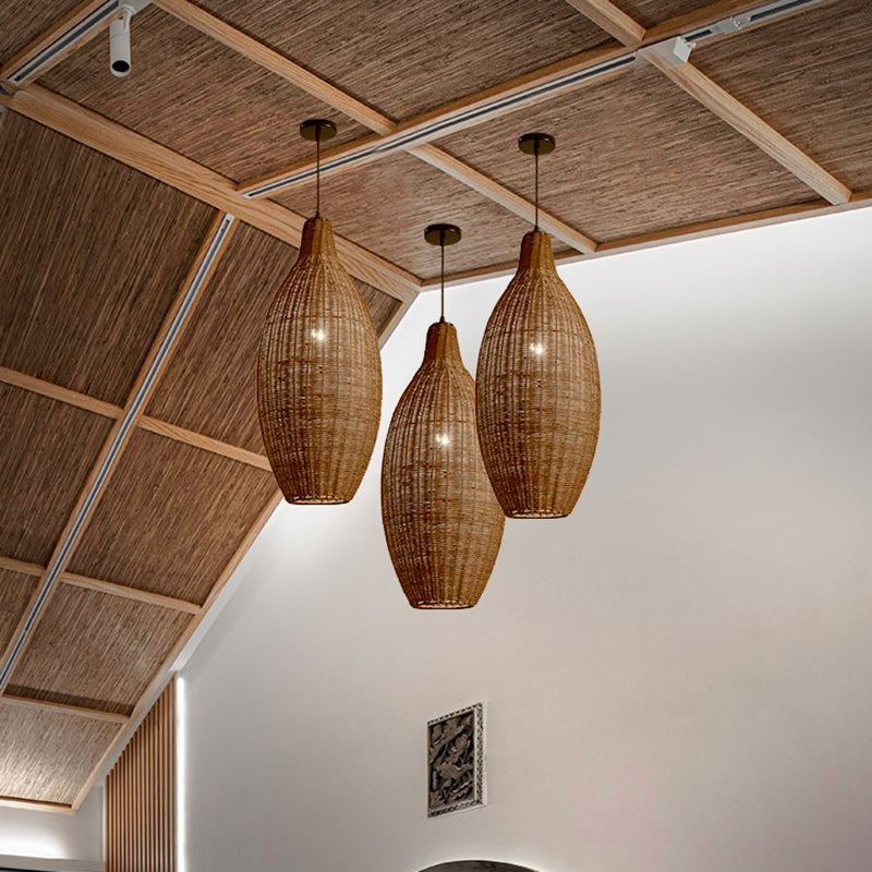 Farmhouse Natural Rattan Ciondolo illuminazione a 1 luce Sala da pranzo a sospensione in marrone