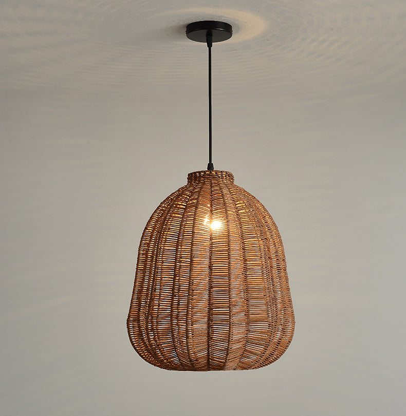 Farmhouse Natural Rattan Ciondolo illuminazione a 1 luce Sala da pranzo a sospensione in marrone