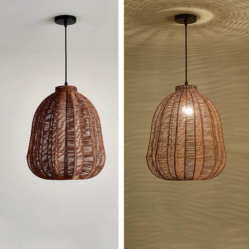 Farmhouse Natural Rattan Ciondolo illuminazione a 1 luce Sala da pranzo a sospensione in marrone