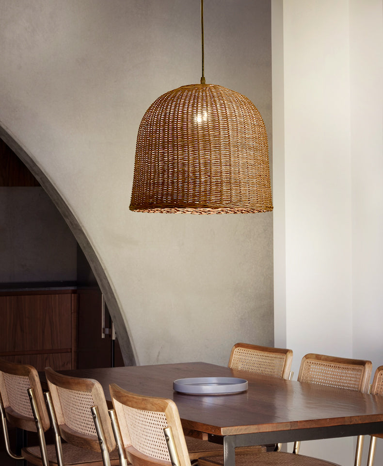 Farmhouse Natural Rattan Ciondolo illuminazione a 1 luce Sala da pranzo a sospensione in marrone