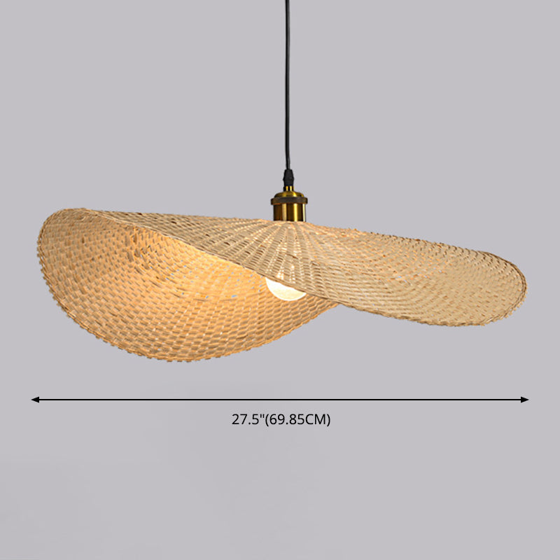 Beige Straw Hat Shape Hanging Lamp Kit Asian 1-Light Bamboo Ceiling Pendant Light for Dining Table