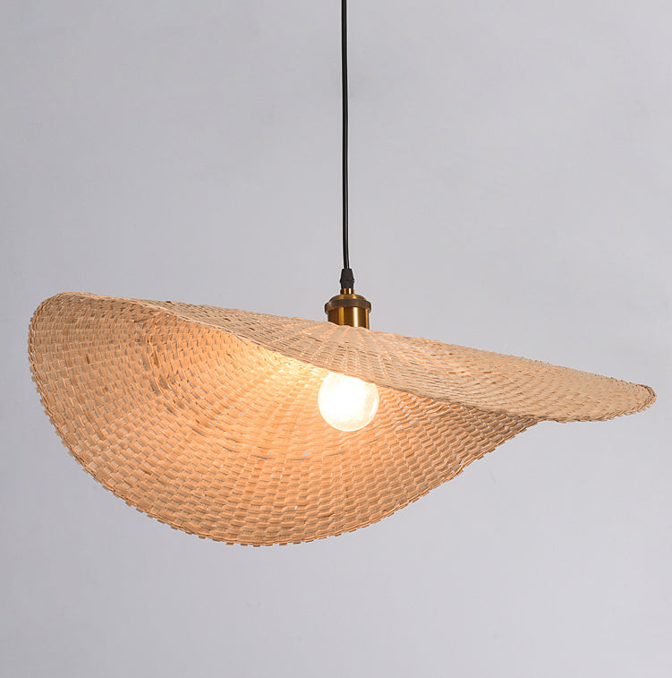 Beige Straw Hat Shape Hanging Lamp Kit Asian 1-Light Bamboo Ceiling Pendant Light for Dining Table