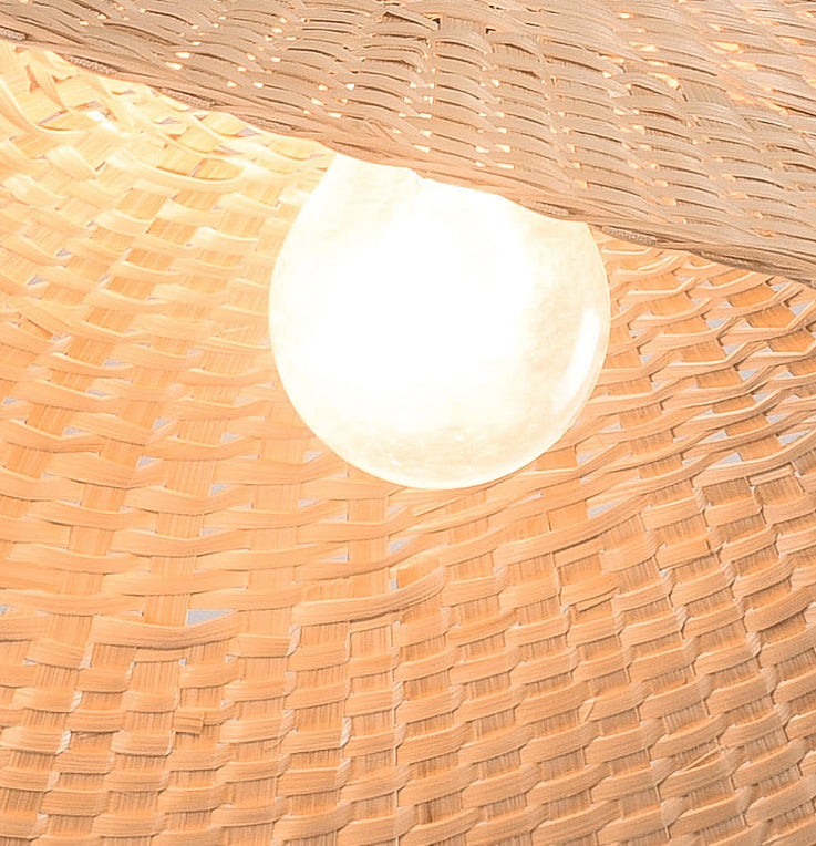 Beige Straw Hat Shape Hanging Lamp Kit Asian 1-Light Bamboo Ceiling Pendant Light for Dining Table