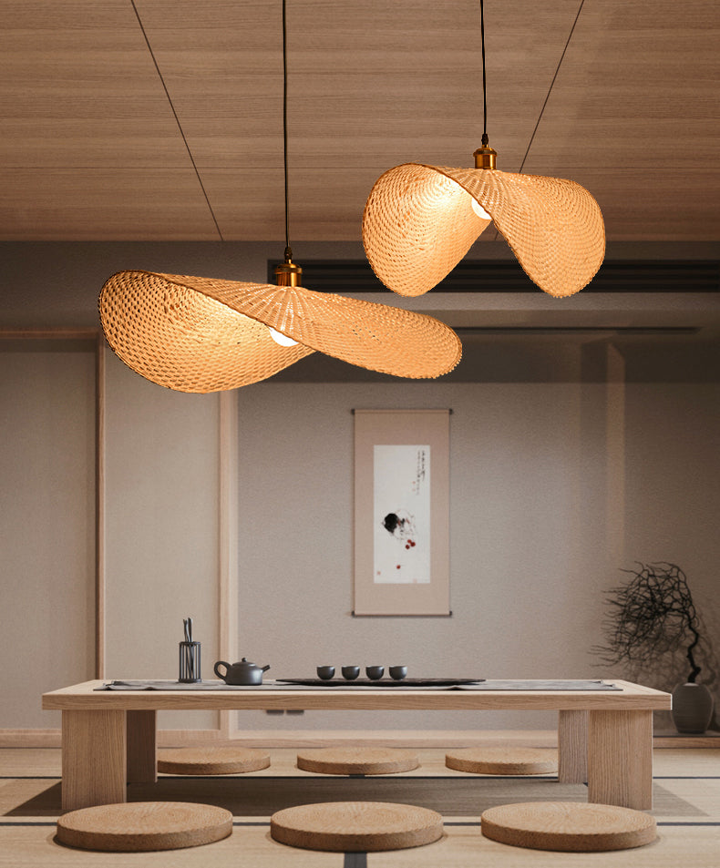 Beige Straw Hat Shape Hanging Lamp Kit Asian 1-Light Bamboo Ceiling Pendant Light for Dining Table