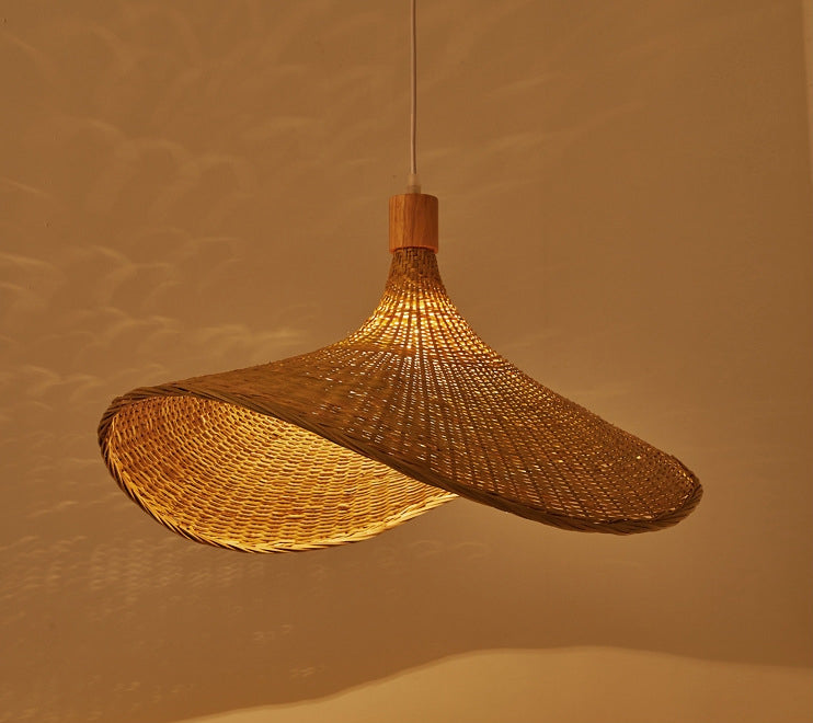 Beige Straw Hat Shape Hanging Lamp Kit Asian 1-Light Rattan Ceiling Pendant Light for Dining Table