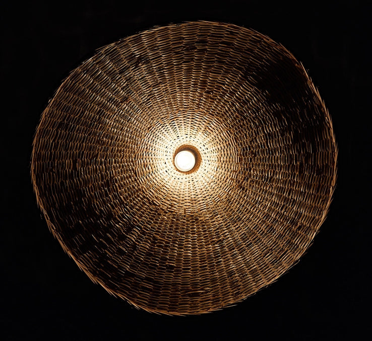 Beige Straw Hat Shape Hanging Lamp Kit Asian 1-Light Rattan Ceiling Pendant Light for Dining Table