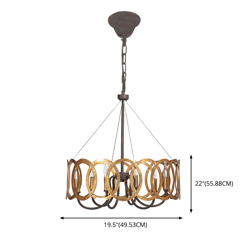 Overlap Rust Ring Industry Style Chandelier Light 19" Wide Candlestick Shape Vintage Hanging Lighting Fixture for Living Room