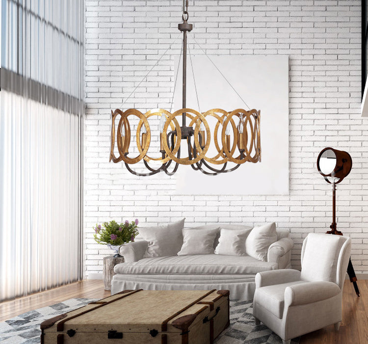 Overlap Rust Ring Industry Style Chandelier Light 19" Wide Candlestick Shape Vintage Hanging Lighting Fixture for Living Room