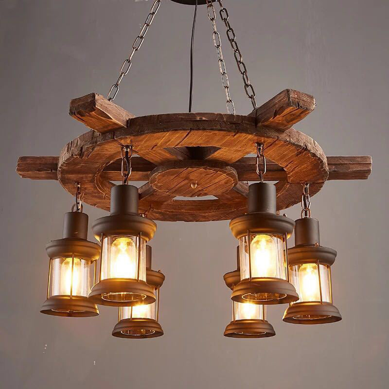 Timón de madera retro 6 luces lámparas de araña vintage lámpara de techo de lámpara de keroseno