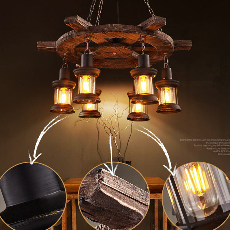 Wooden Rudder Retro 6-Lights Chandelier Light Vintage Nautical Style Kerosene Lamp Design Ceiling Pendant Lamp for Bar Cafe Shop