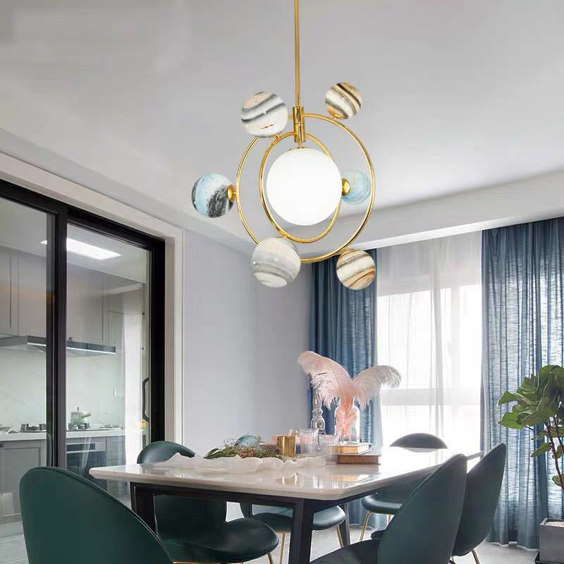 Planet Modeling Glass Ball Chandelier Lamp Nordic Style Multi-Lights Moon Suspension Lighting Fixture for Dining Room