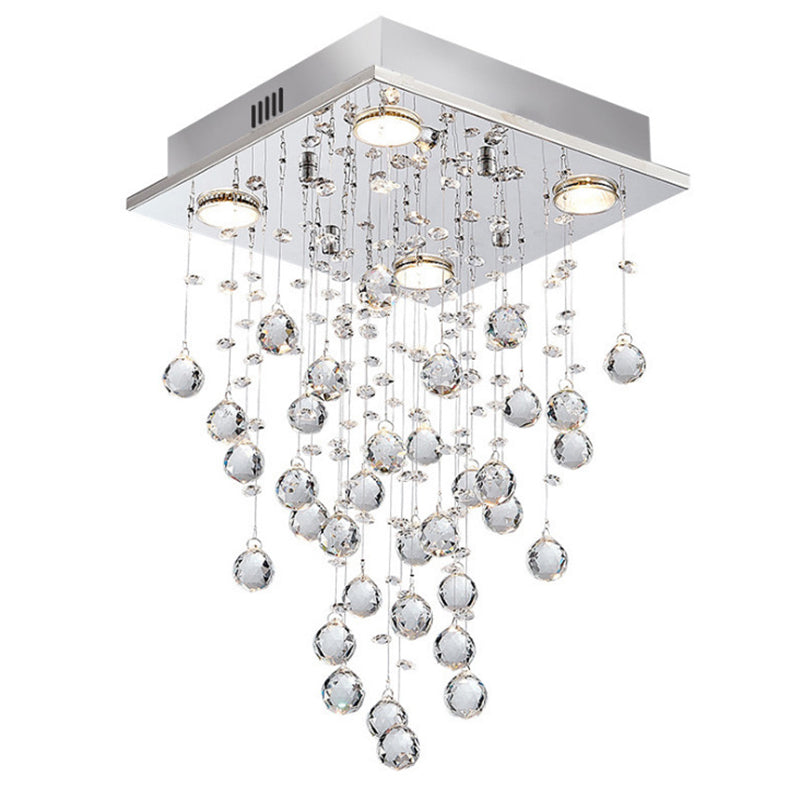 12" Wide Square Stainless Steel LED Ceiling Light with Crystal Ball Drops 4-Lights Modern Style Flush-mount Lamp