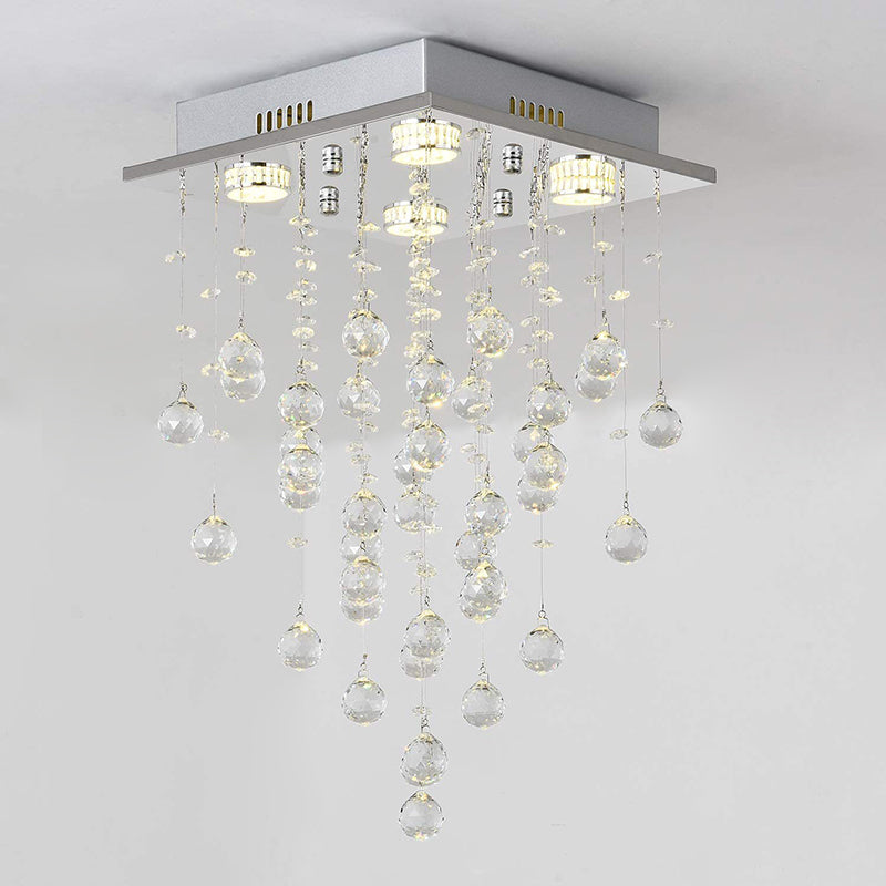 Plafonnier LED carré en acier inoxydable de 12 pouces de large avec gouttes de boule de cristal, lampe encastrée de Style moderne à 4 lumières