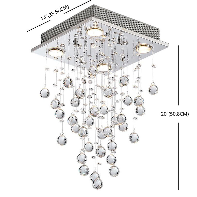 12" breite, quadratische LED-Deckenleuchte aus Edelstahl mit Kristallkugeltropfen, 4-flammige Einbauleuchte im modernen Stil