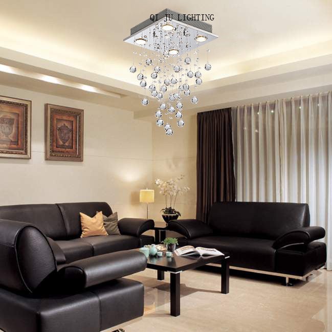 12" Wide Square Stainless Steel LED Ceiling Light with Crystal Ball Drops 4-Lights Modern Style Flush-mount Lamp