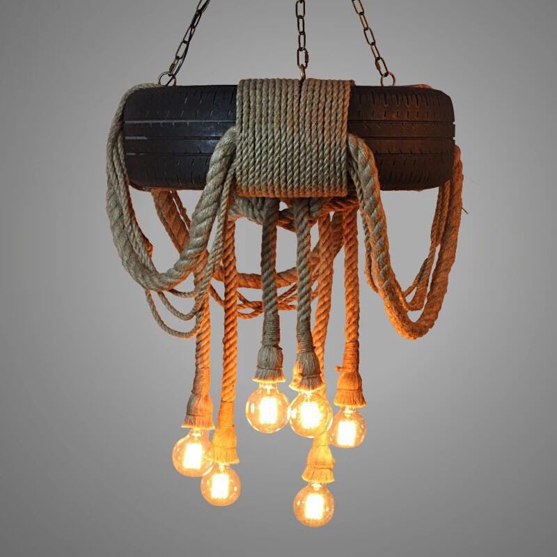 Vintage Industry Style Tire Modeling Hemp Rope Hanging Light 6-Lights Open Bulb Suspension Lighting Fixture for Cafe Shop