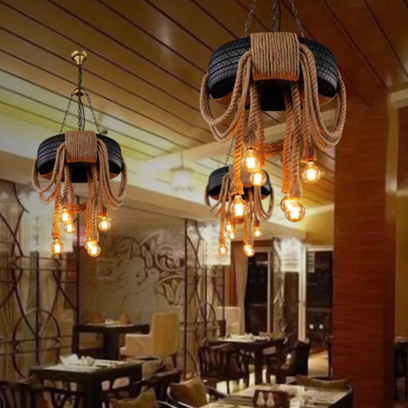 Modelado de neumáticos de estilo vintage Cáñamo Luz colgante de 6 luces Accesorios de iluminación de suspensión de bombilla abierta para cafetería