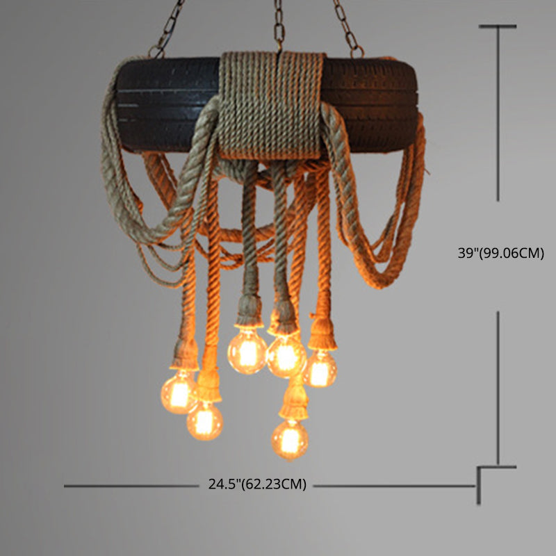 Modelado de neumáticos de estilo vintage Cáñamo Luz colgante de 6 luces Accesorios de iluminación de suspensión de bombilla abierta para cafetería