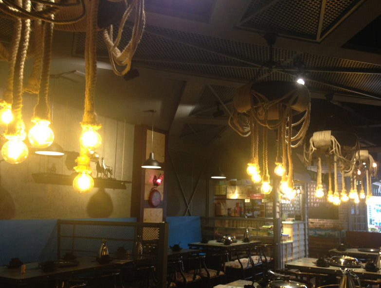 Modelado de neumáticos de estilo vintage Cáñamo Luz colgante de 6 luces Accesorios de iluminación de suspensión de bombilla abierta para cafetería