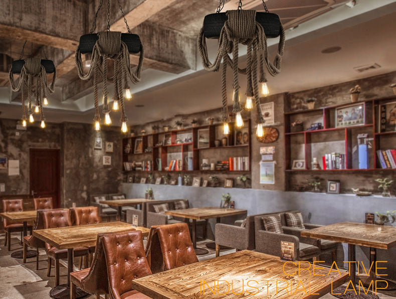 Modelado de neumáticos de estilo vintage Cáñamo Luz colgante de 6 luces Accesorios de iluminación de suspensión de bombilla abierta para cafetería