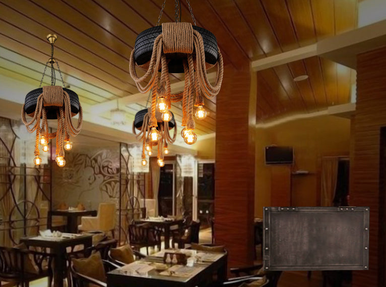 Modelado de neumáticos de estilo vintage Cáñamo Luz colgante de 6 luces Accesorios de iluminación de suspensión de bombilla abierta para cafetería