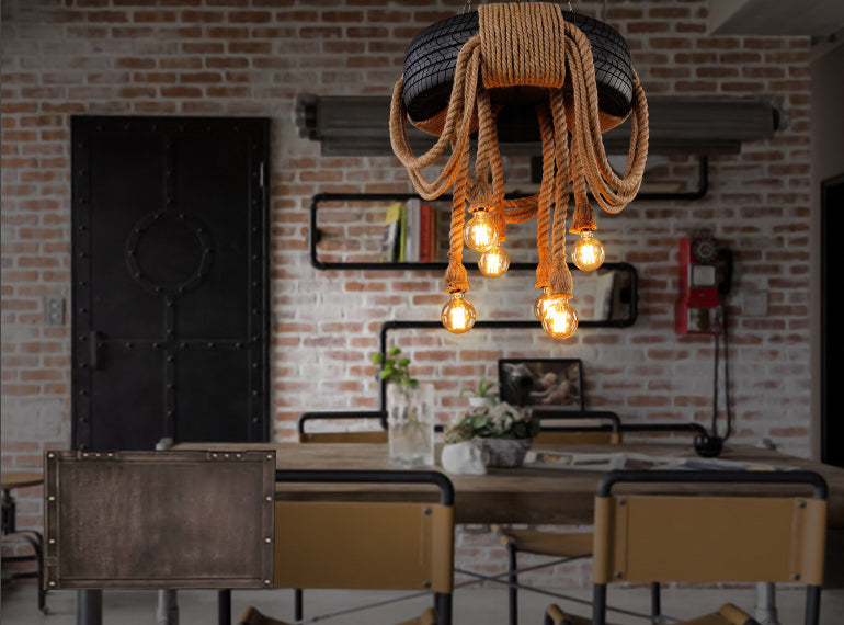 Modelado de neumáticos de estilo vintage Cáñamo Luz colgante de 6 luces Accesorios de iluminación de suspensión de bombilla abierta para cafetería