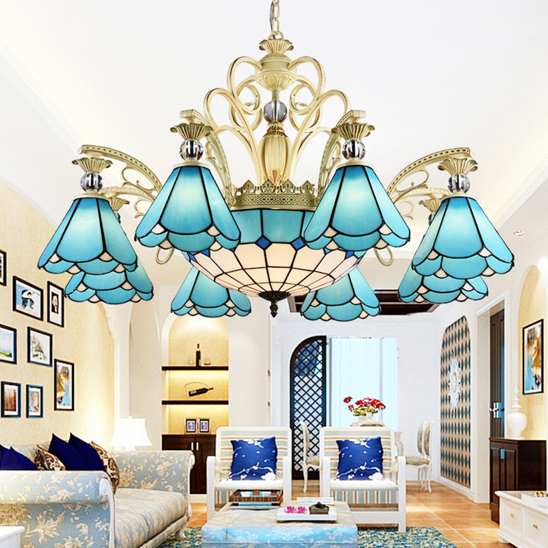 Blue Glass Scalloped Chandelier Mediterranean Dining Room Ceiling Suspension Lamp