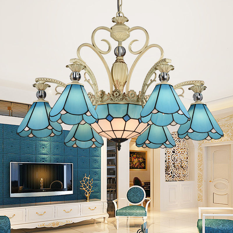 Blue Glass Scalloped Chandelier Mediterranean Dining Room Ceiling Suspension Lamp