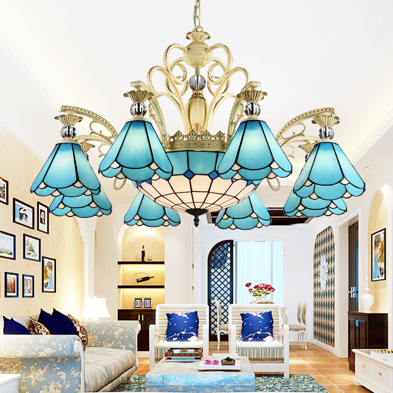 Blue Glass Scalloped Chandelier Mediterranean Dining Room Ceiling Suspension Lamp