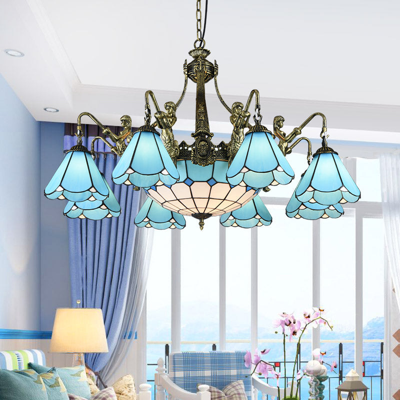 Blue Glass Scalloped Chandelier Mediterranean Dining Room Ceiling Suspension Lamp