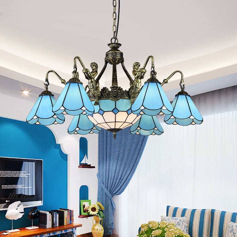 Blue Glass Scalloped Chandelier Mediterranean Dining Room Ceiling Suspension Lamp