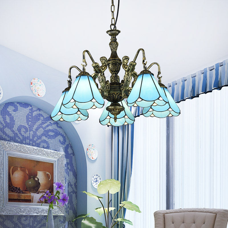 Blue Glass Scalloped Chandelier Mediterranean Dining Room Ceiling Suspension Lamp