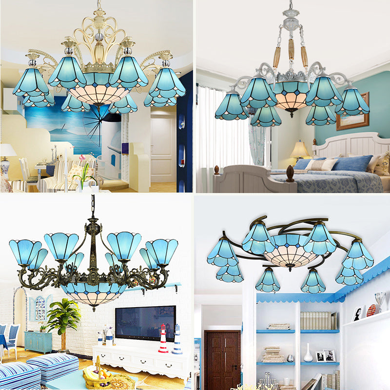 Blue Glass Scalloped Chandelier Mediterranean Dining Room Ceiling Suspension Lamp