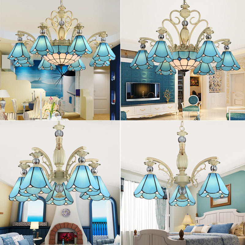 Blue Glass Scalloped Chandelier Mediterranean Dining Room Ceiling Suspension Lamp