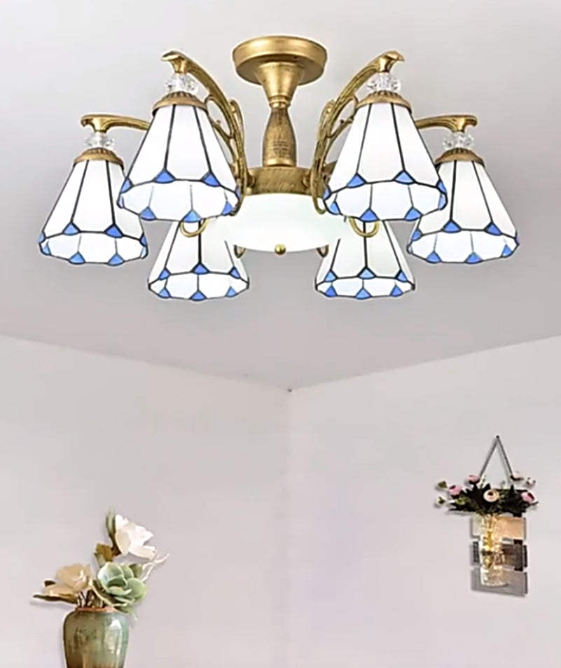 Shaded Semi Flush Mount Chandelier Tiffany Glass Bedroom Ceiling Lighting Fixture