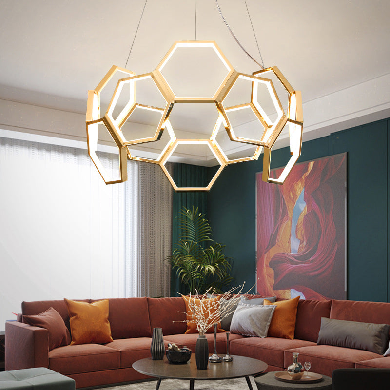 Gold Honeycomb Chandelier Postmodern Minimalist LED Metal Hanging Light for Living Room