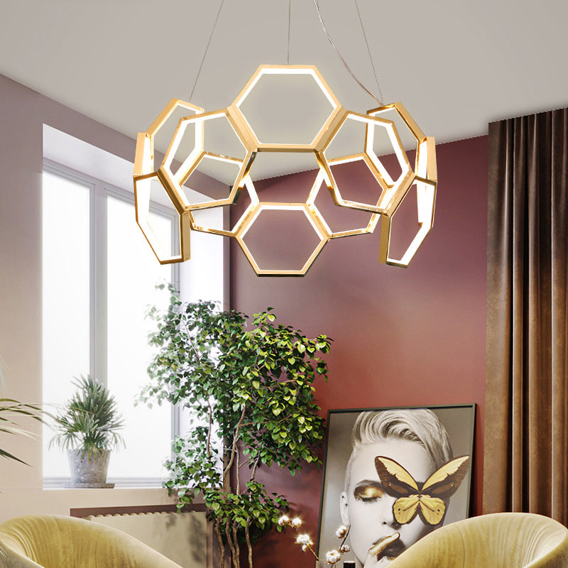 Gold Honeycomb Chandelier Postmodern Minimalist LED Metal Hanging Light for Living Room