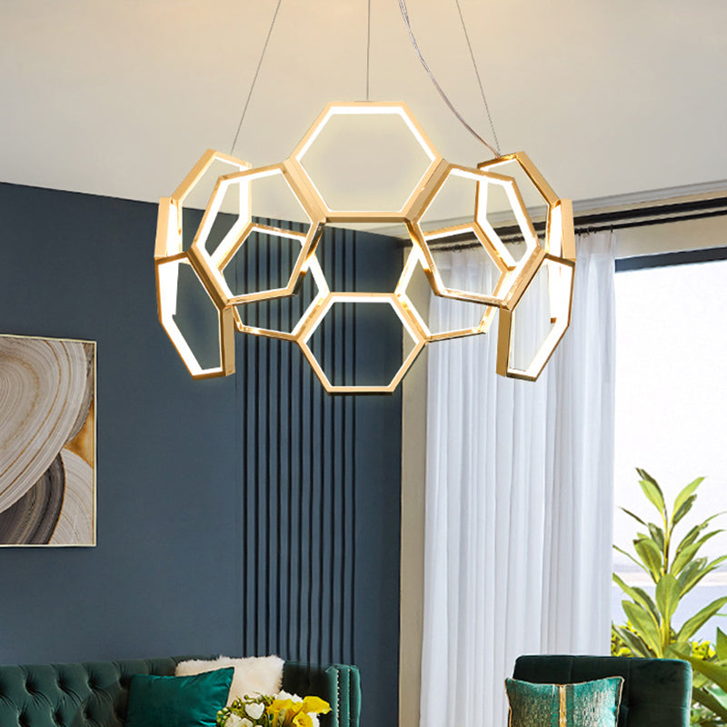 Gold Honeycomb Chandelier Postmodern Minimalist LED Metal Hanging Light for Living Room