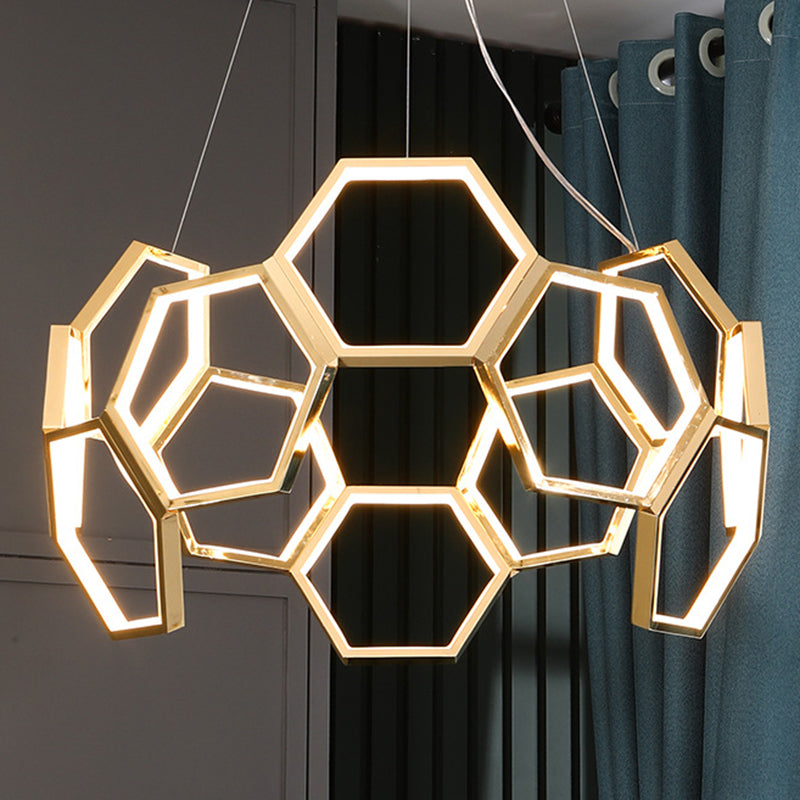 Gold Honeycomb Chandelier Postmodern Minimalist LED Metal Hanging Light for Living Room