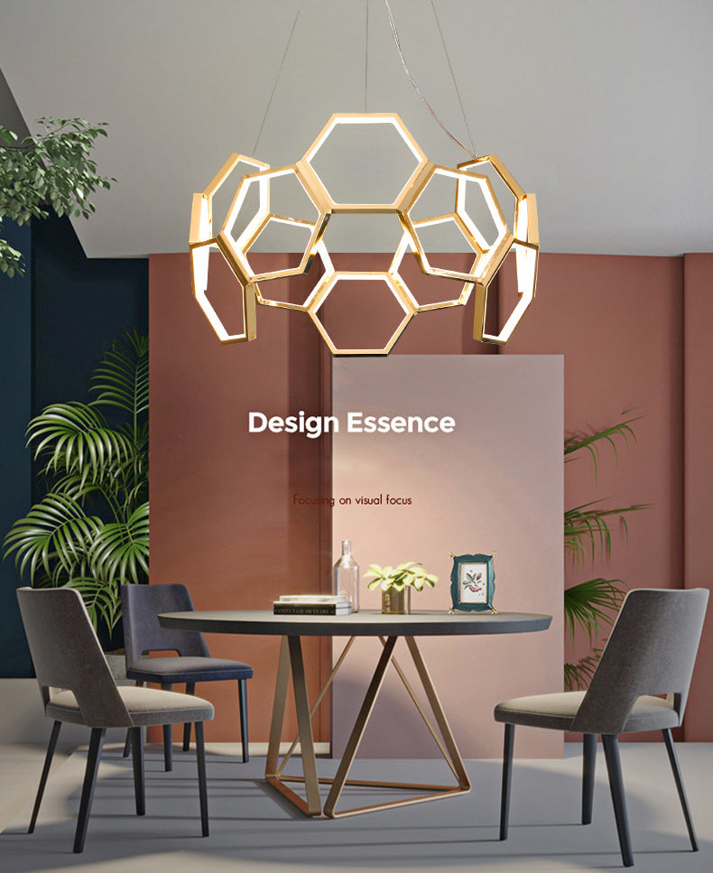 Gold Honeycomb Chandelier Postmodern Minimalist LED Metal Hanging Light for Living Room