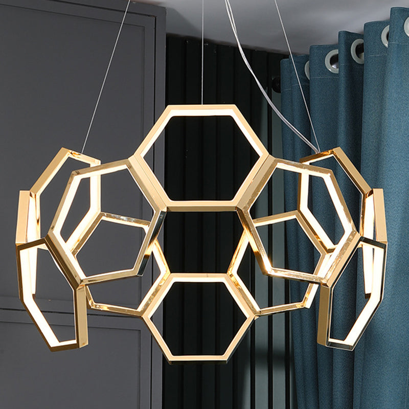 Gold Honeycomb Chandelier Postmodern Minimalist LED Metal Hanging Light for Living Room