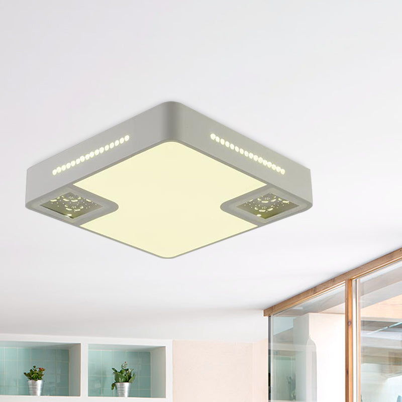 White Square Flush Mounted Light Simple Style Acrylic LED Close To Ceiling Lamp with Crystal Beaded Accent