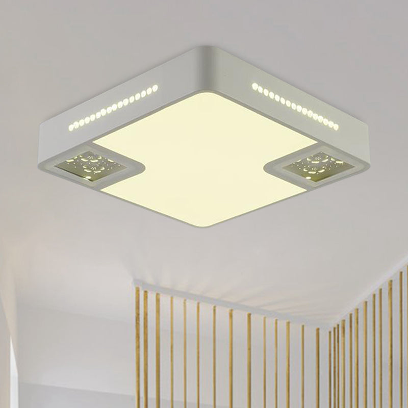 White Square Flush Mounted Light Simple Style Acrylic LED Close To Ceiling Lamp with Crystal Beaded Accent