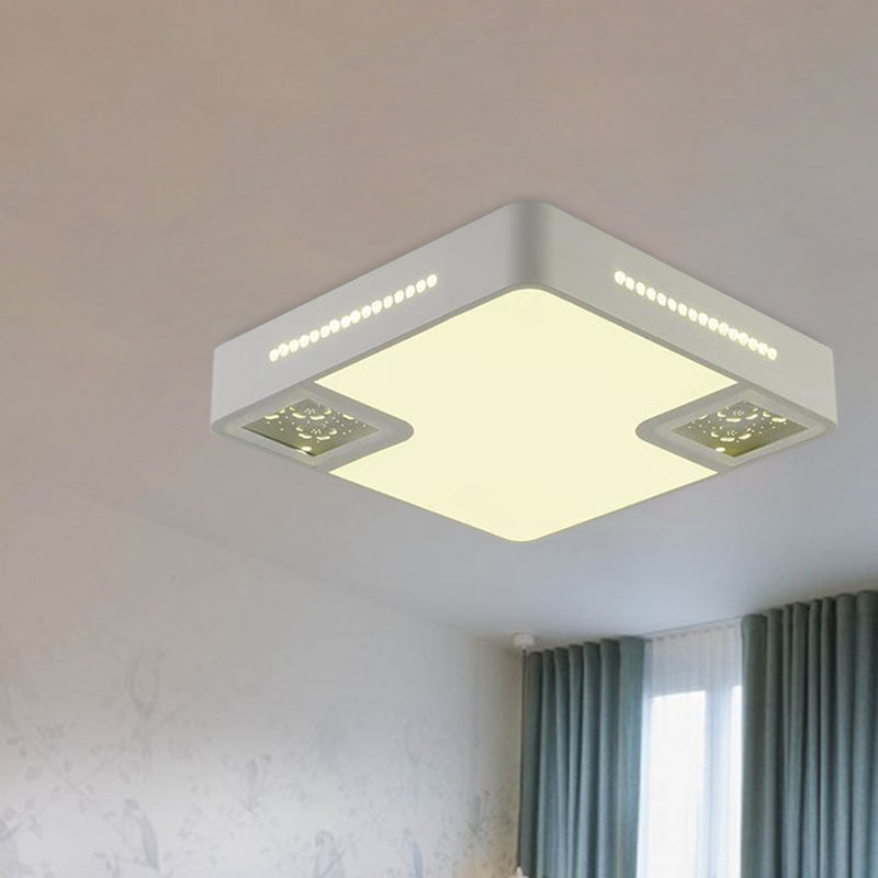 White Square Flush Mounted Light Simple Style Acrylic LED Close To Ceiling Lamp with Crystal Beaded Accent