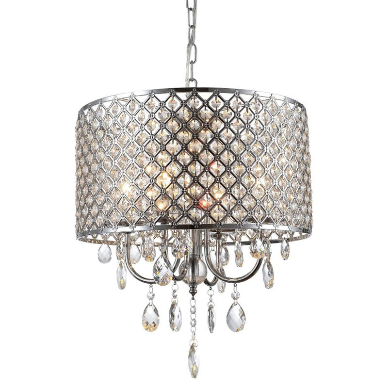 Chrome Finish Candle Chandelier Modern 4-Light Metal Pendant Light with Drum Crystal Shade